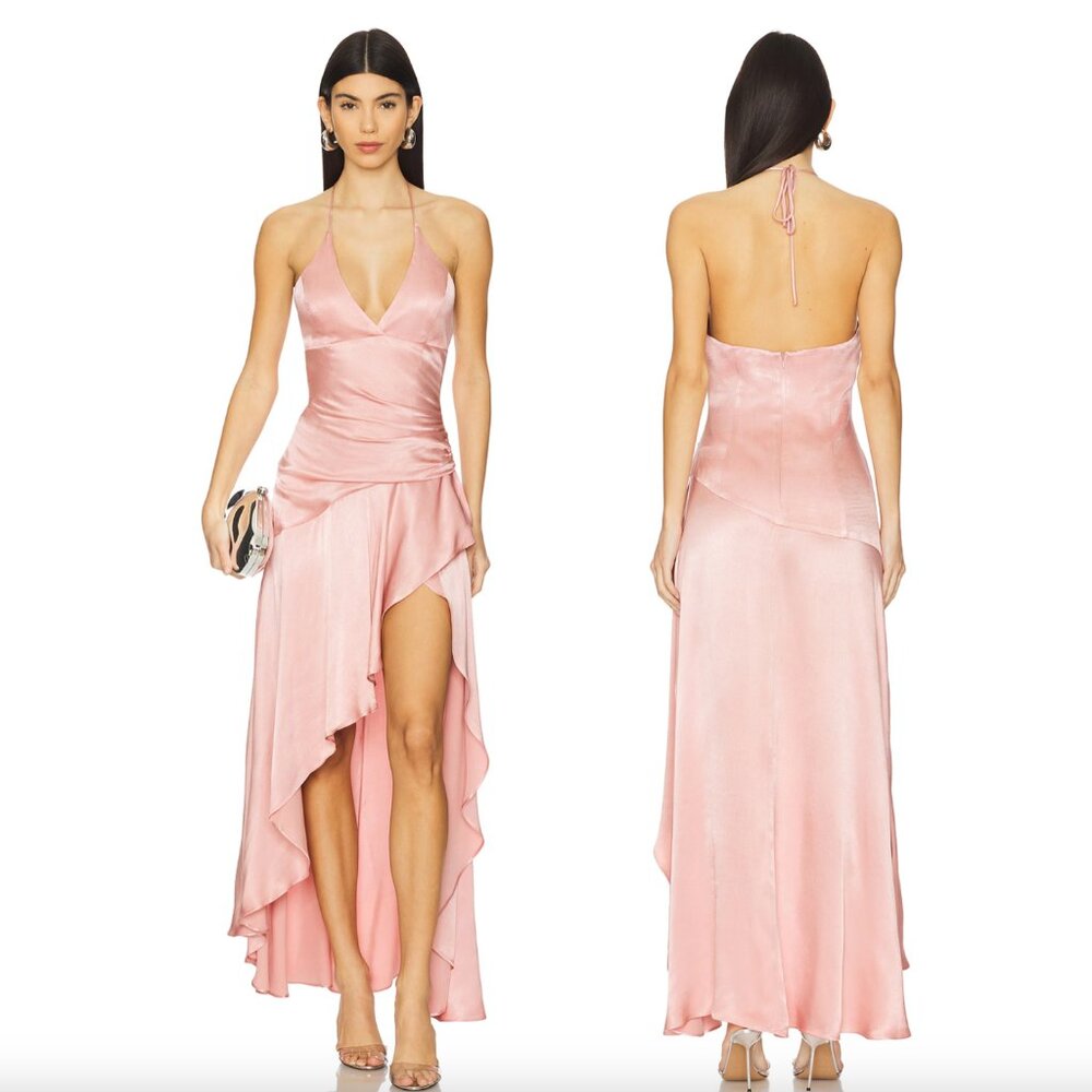 Bardot x REVOLVE Sorella Halter Dress Bliss Pink Satin Silk Maxi Midi Ruffle 6